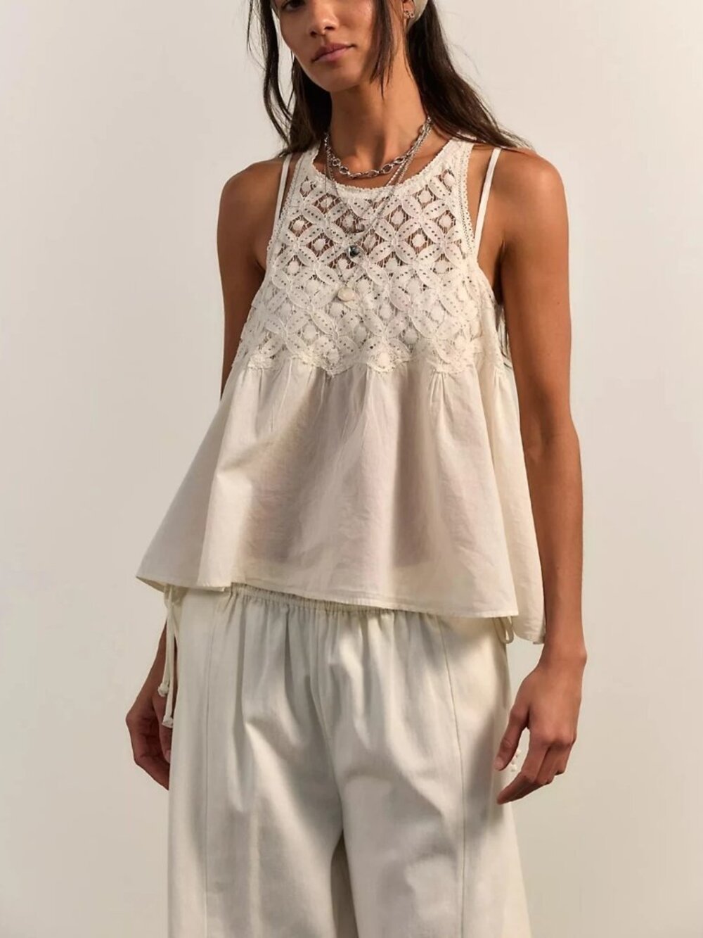 Free People Wandering Light Blouse Top Lace Cutout Sleeveless Cotton M 288443